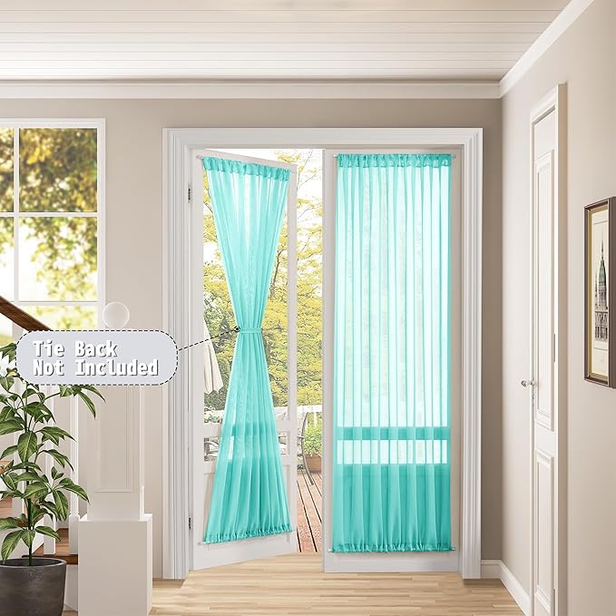 Tollpiz Sheer Door Curtain Closet Linen Textured Curtain Sheers Doorway Light Filtering Voile French Door Rod Pocket Curtains Patio Door, 25 x 80 inches Long, Aqua Blue, Set of 1 Panel