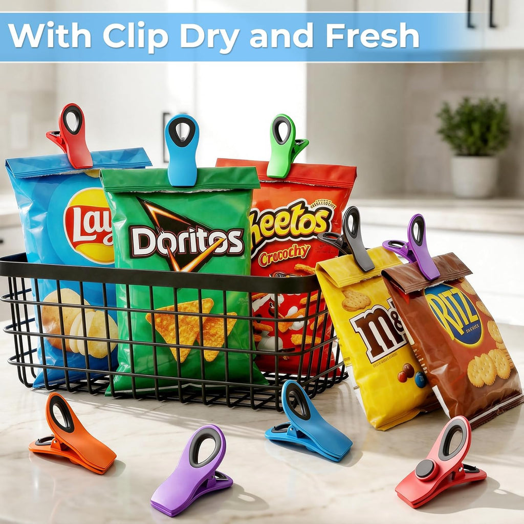 12 Pack Magnetic Chip Clips for Food Packages, Kitchen Clips with Magnet for Refrigerator, Plastic Assorted Colors for Food Storage