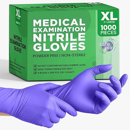 SafeWay Nitrile Disposable Gloves — Multi-Purpose Powder-Free, Non-Latex, Medical Use, and Textured Fingertips for Food Prep, Cleaning, Tattoo, Nursing, Lab, Examination, & More — (1000 pcs, X-Large)