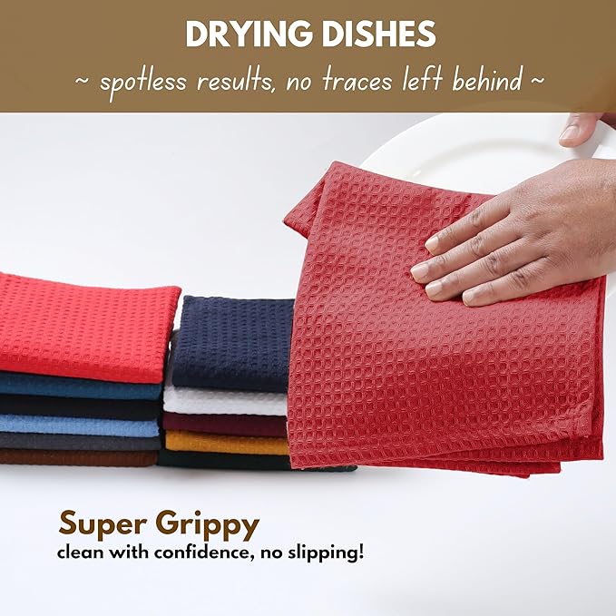 Native Fab Cotton Kitchen Towel with Hanging Loop 16x26 inches, 6-Pack, Waffle Weave Kitchen Towels for Cleaning Drying, Washcloths Soft & Absorbent Cloth Rags, Bar Towel, Dish Cloth, Red
