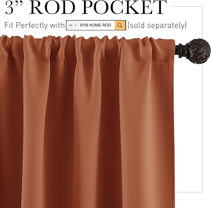 RYB HOME Blackout Curtains for Living Room, All Lights Blocking Rod Pocket Design Thermal Insulated Privacy Curtains Draperies for Bedroom Guest Room Playroom, W 42 x L 72 inch, 2 Panels, Burnt Orange