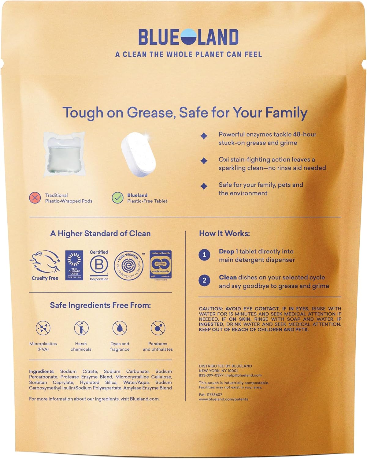 BLUELAND 100% Plastic-Free Dishwasher Detergent Tablets, 60 Count, Free & Clear, Eco-Friendly Dishwashing Pods, Natural, USDA Certified biobased