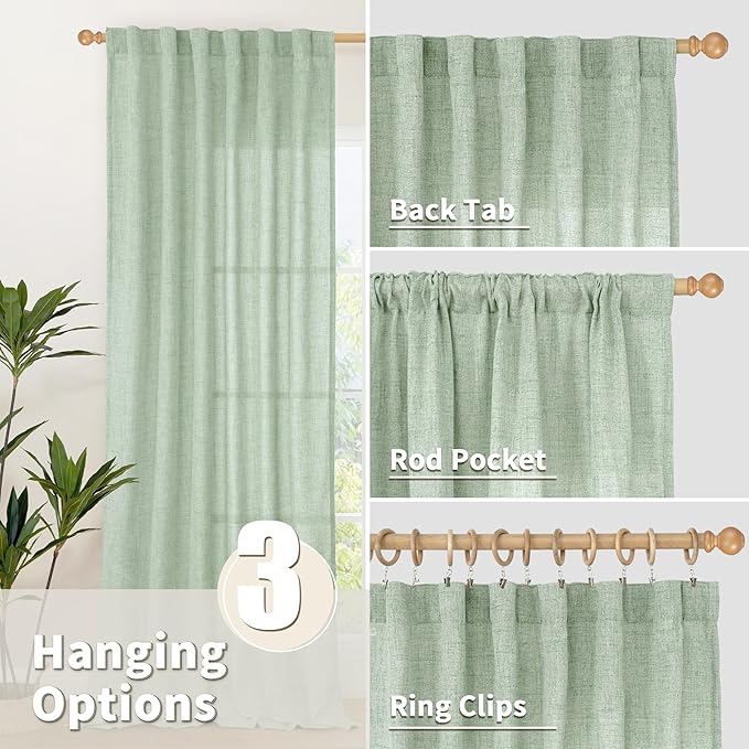 YoungsTex Sage Green Linen Curtains 78 Inches Long for Living Room, Semi Sheer Window Drapes Light Filtering with Rod Pocket Back Tab for Office Bedroom, 2 Panels, 52 X 78 Inch