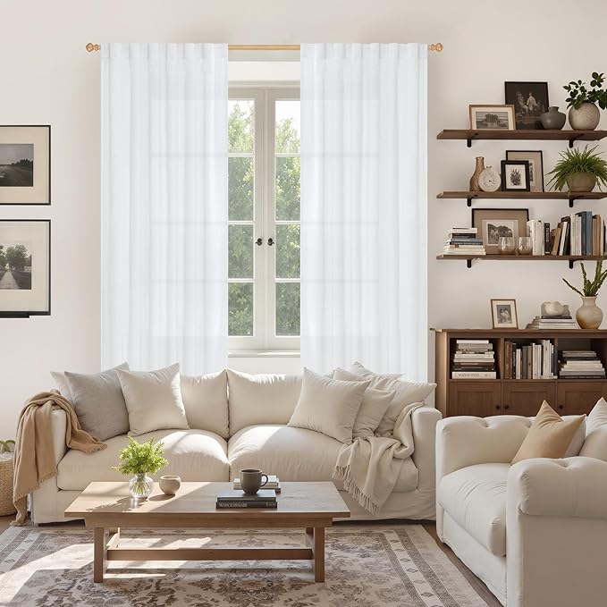 YoungsTex White Linen Curtains 78 Inch Length for Living Room, Light Filtering Semi Sheer Window Drapes Rod Pocket Back Tab Curtain for Bedroom Dining Room Rustic, 2 Panels, 52 X 78 Inch