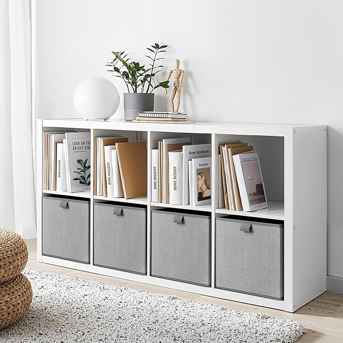 Storage Baskets, 11.8-Inch Woven Fabric Bins, Storage Cubes with Reinforced Handles, Organizer Bins for Closet Shelves, Foldable, for Toys, Clothes, Natural Beige (2PCS/Grey-11.8*11.8*11.8inch)