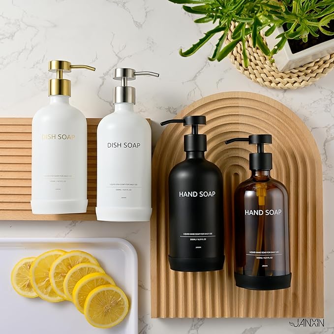 Glass Soap Dispenser Set by Janxin,Bathroom Soap Dispenser Set with Ceramic Tray,Luxury Bathroom Accessories,Modern Kitchen Decor (Amber(Hand Soap))