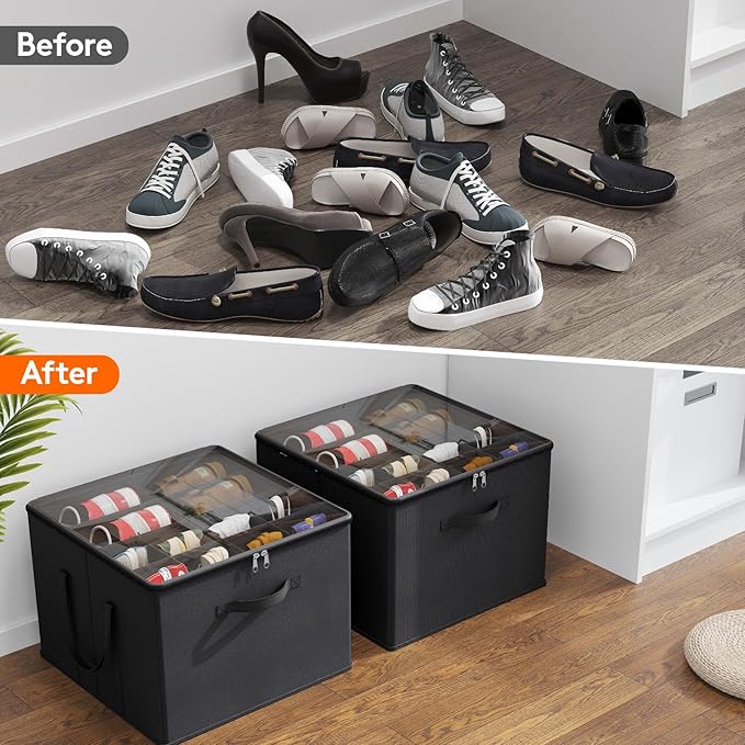 Lifewit Shoe Storage Organizer for Closet Fits 12-16 Pairs, Fabric Large Shoe Box Storage Container with Clear Cover, Foldable Bins Fit for Boots Heels Sneakers 17"(L) x 17"(W) x 12.5"(H) 3 Pack Black