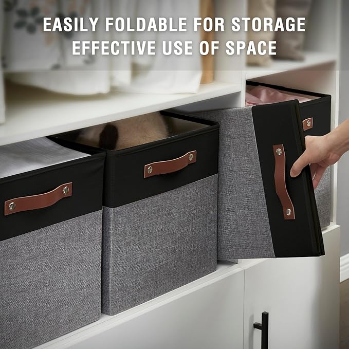 Collapsible Fabric Storage Cube Bins with 2 Reinforced PU Handles, Foldable Storage Organizer Baskets for Closet, Shelves, Living Room | 13"x13"x13", 4 Pack, Black & Gray