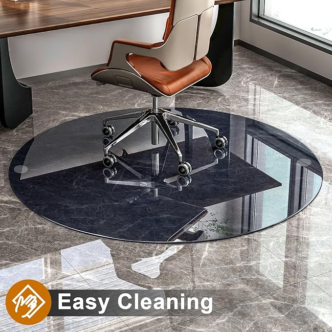 GLSLAND Round Tempered Glass Floor Mat - 55" Office Chair Mat for Carpet Blue & Gray Clear Glass Mat 1/5" Thick for Hardwood Floor/Carpeted Floors