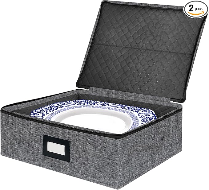 Platter Storage Case - Stackable China Storage Containers Hard Shell with Durable Zipper & Label & Sturdy Handles, 5.3” Height, Structured Top, 4 Felt Dividers Included (Dark Gray)