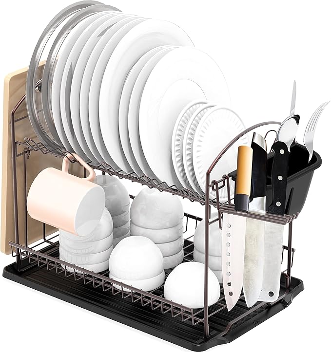 SIMPLE HOUSEWARE 2-Tier Dish Rack with Drainboard, Bronze