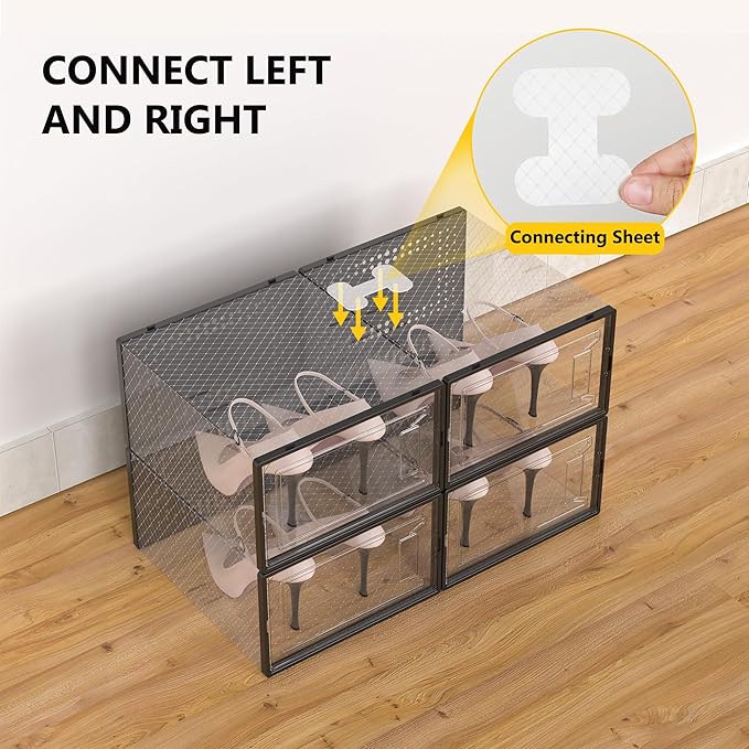 Secret Space 12 Pack XXX Large Shoe Organizer Storage Boxes for Closet, Modular Space Saving Shoe Boxes Clear Plastic Stackable Sneaker Containers Display Case with Lids, Black05