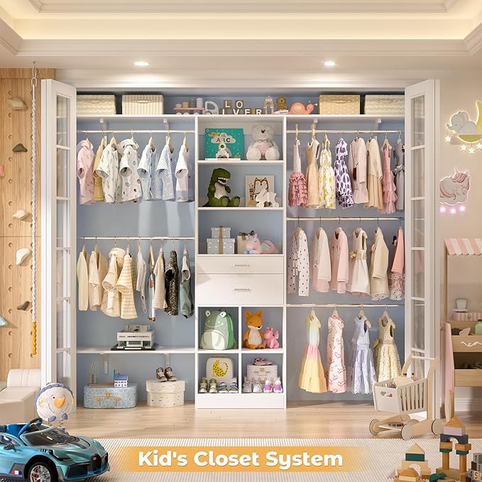 Closet System - 4.75-8FT Closet Organizer System with Wooden Drawers & Cube Storage Organizer, Up To 96" Closet Systems for Nursery & Walk-In Closets with Cuttable Hanging Shelving, White