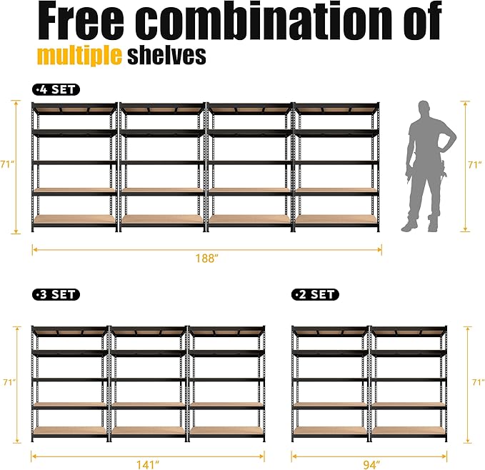 PrimeZone 6 Pack Heavy Duty Storage Shelves - 47" W x 18" D x 71" H 5 Tier Adjustable Garage Storage Shelving, Metal Storage Utility Rack Shelf Unit for Warehouse Pantry Closet Kitchen, Black