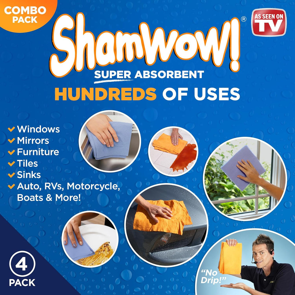 Original Super Absorbent Multi-Purpose Cleaning Shammy Chamois Towel Cloth - Holds 10X its Weight in Liquid - Machine Washable - Will Not Scratch (4 Pack: 2 Large Orange & 2 Small Blue).