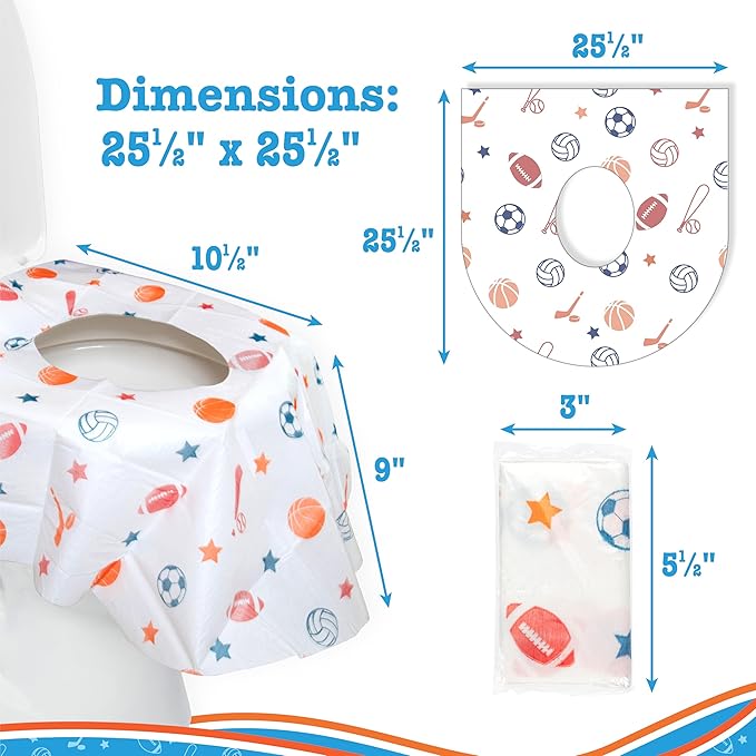 Toilet Seat Covers Disposable (20 Pack, Sports) - XL Waterproof Toilet Cover for Toddlers, Kids & Adults - Portable & Individually Wrapped for Travel, Potty Training & Public Restrooms