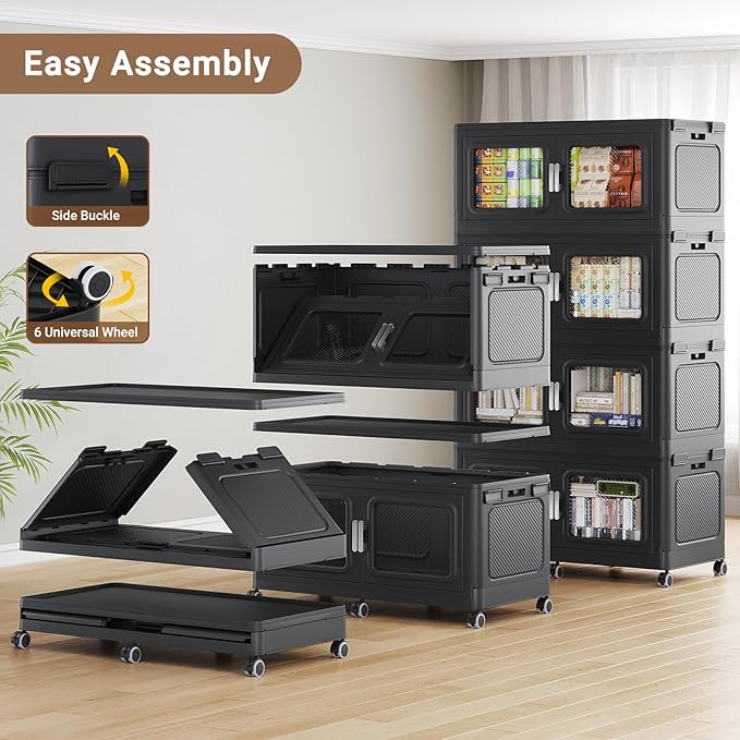 BROVIEW 660 Qt Stackable Storage Bin with Lids, 165Gal Extra Large Collapsible Storage Boxes, Folding Plastic Drawer, Heavy-Duty Store Cabinet, Closet Organizer for Home Kitchen, 3 Pack Black