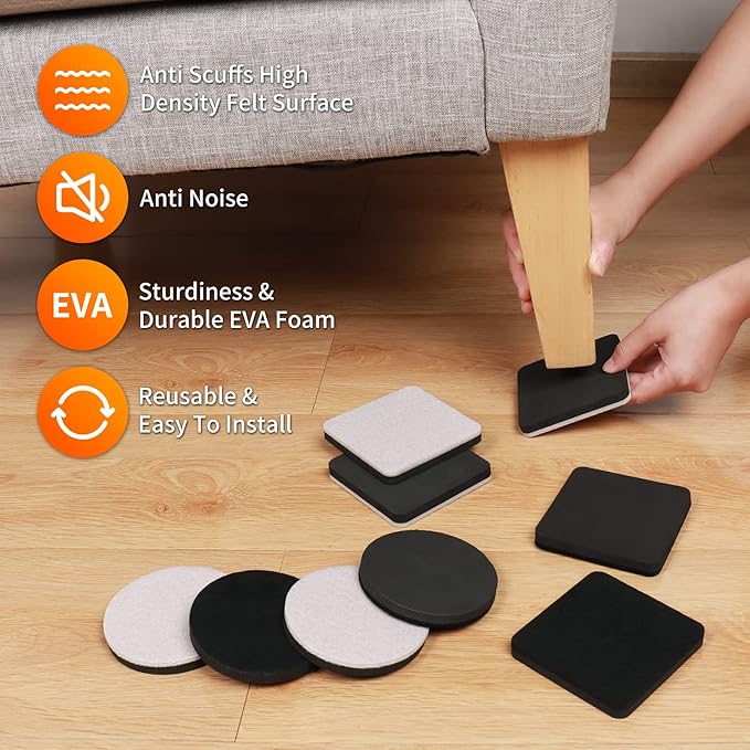Ezprotekt 3.5" Felt Furniture Movers Sliders for Hardwood & Vinyl Floors, 16 Pcs Round Reusable Felt Furniture Moving Pads for Heavy Duty Sofa Bed Couch Cabinet, Move Items and Quickly (Black)