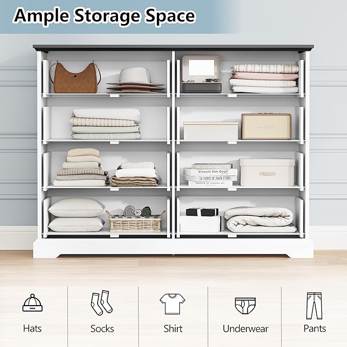 8 Drawer Dresser for Bedroom, 47" Wide Wooden Chest of Drawers, Rustic Farmhouse Dresser with Large Drawers & Metal Handles, Modern Storage Organizer for Closet, Living Room, Hallway, White