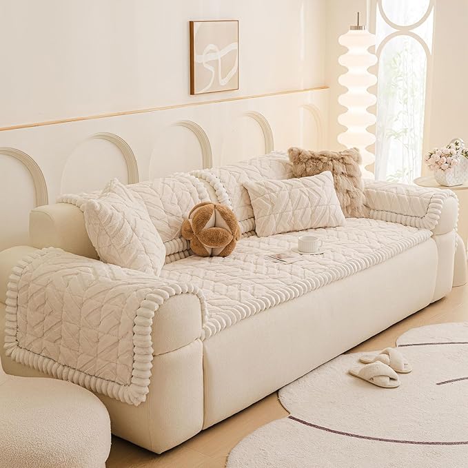 OTOB Plush Couch Cover for Dogs Washable, Non Slip Fuzzy Soft Armrest Backrest Sofa Slipcovers Geometric Jacquard Pet Friendly Couch Covers Protector All Season, 1 Piece (White, 27.6"x27.6")