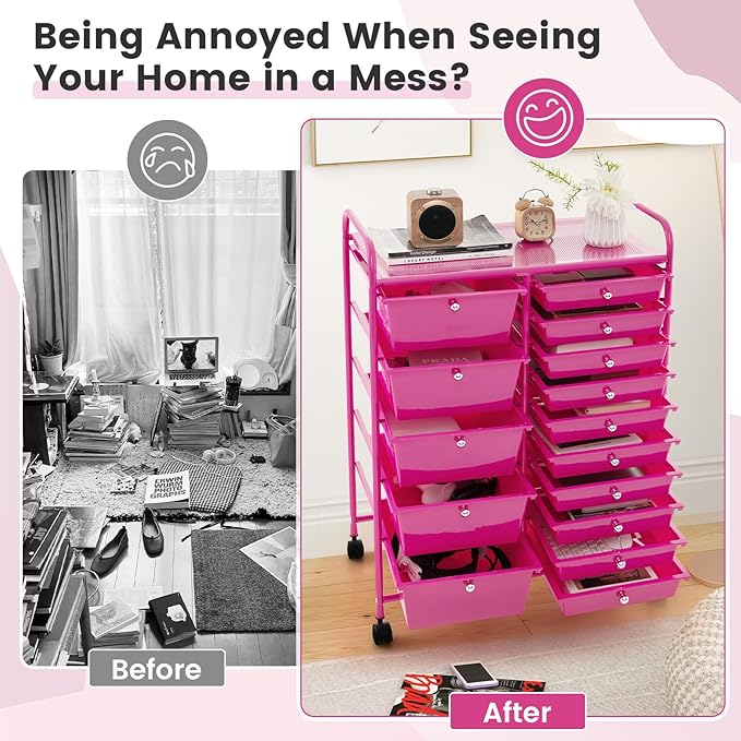 GOFLAME 15-Drawer Rolling Storage Cart, Multipurpose Movable Organizer Cart, Utility Cart for Home, Office, School, Hot Pink