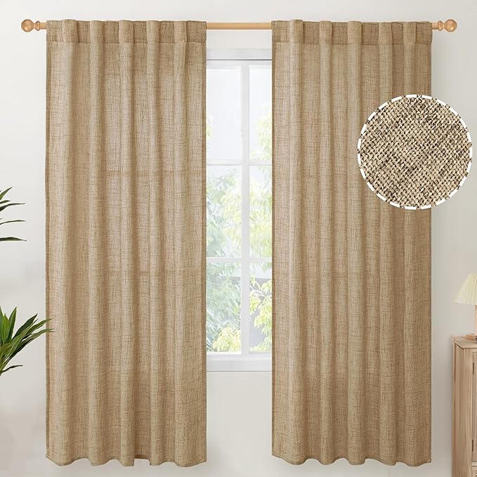 YoungsTex Toffee Linen Curtains 72 Inch Length for Living Room, Burlap Semi Sheer Drapes Light Filtering Tan Window Treatments for Farmhouse Bedroom Rod Pocket Back Tab, 42 X 72 Inch, 2 Panels