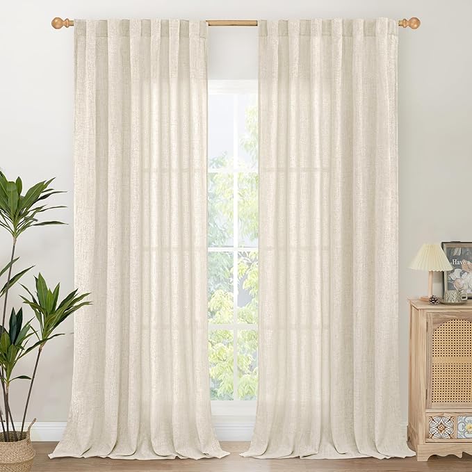 YoungsTex Extre Long Linen Curtains 102 Inch Length for Living Room, Semi Sheer Window Drapes with Rod Pocket Back Tab Light Filtering for Farmhouse Bedroom, 2 Panels, 52 X 102 Inch
