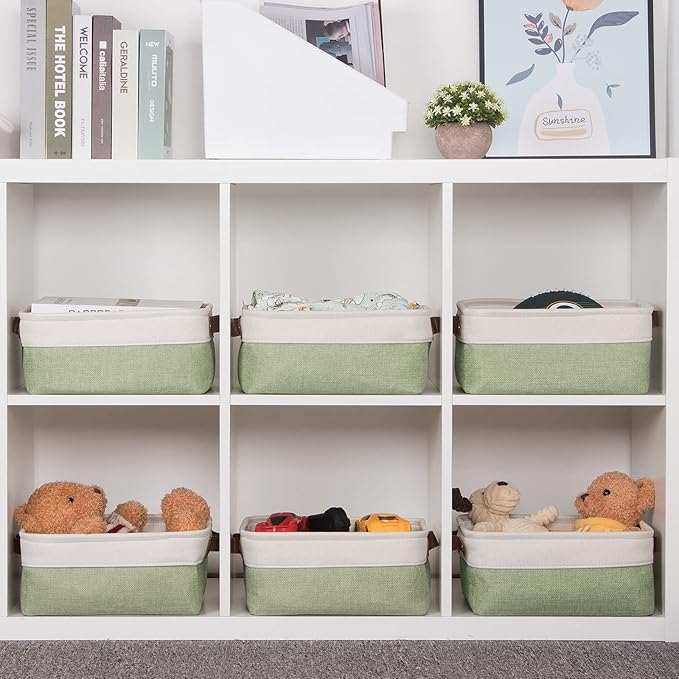 HNZIGE Collapsible Storage Baskets for Shelves(6pack) Small Fabric Bins with Handles, Linen Baskets Organizer Bins for Organizing Closet Nursery Home Shelves(White&Green, 11.8" x 7.8" x 5.1")