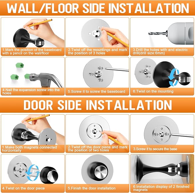 Crosize Magnetic Door Stoppers 4 Pack, Stainless Steel Door Catch for Wall and Floor Mounting, Door Holder Keep Door Open, No Drilling Door Stop with Adhesive Tapes, Silver