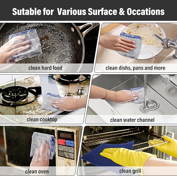 Dish Rags for Washing Dishes 8 Pack Multipurpose Wire Miracle Cleaning Coths Non-Scratch Wire Dishwashing Rag Lint Free Microfiber Cleaning Cloth for Kitchen Windows (Khaki)