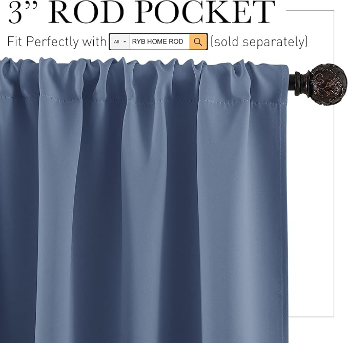 RYB HOME Bathroom Window Curtains - Super Soft Blackout Privacy Curtains for Baby Nursery Bedroom Basement Garege Workshop Kitchen Dining Living Room, W 29 x L 30, Stone Blue, 2 Pcs