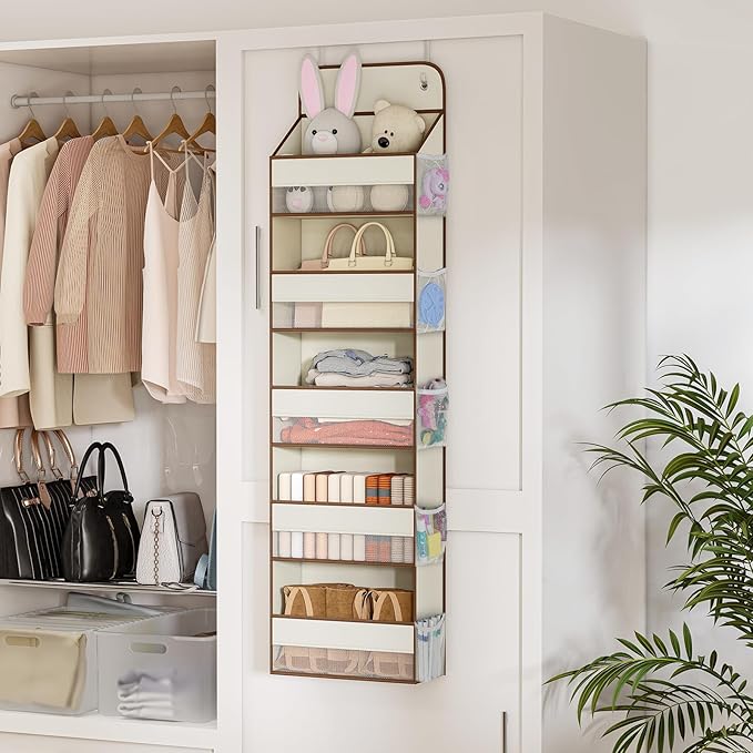 LAMU 5 Tier Over the Door Organizer Hanging, 5 Large Pockets and 10 Side Pockets Behind Door Storage for Baby Toys, 44lbs Back of Door Organizers Shelf for Closet, Nursery and Bathroom, 1 Pack (Beige)