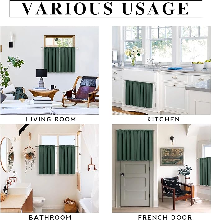 RYB HOME Blackout Curtains for RV Camper Windows, Privacy Thermal Insulating Mini Curtains & Drapes for Bedroom Bathroom Basement Kitchen Door Window Cover, W 42 x L 36 inch, Dark Green, 2 Panels