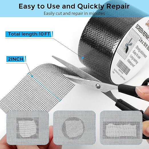 Black Window Screen Repair Tape, 2IN X 10FT Screen Repair Kit for Windows or Doors, Strong Adhesive Fiberglass Mesh Patch Tape
