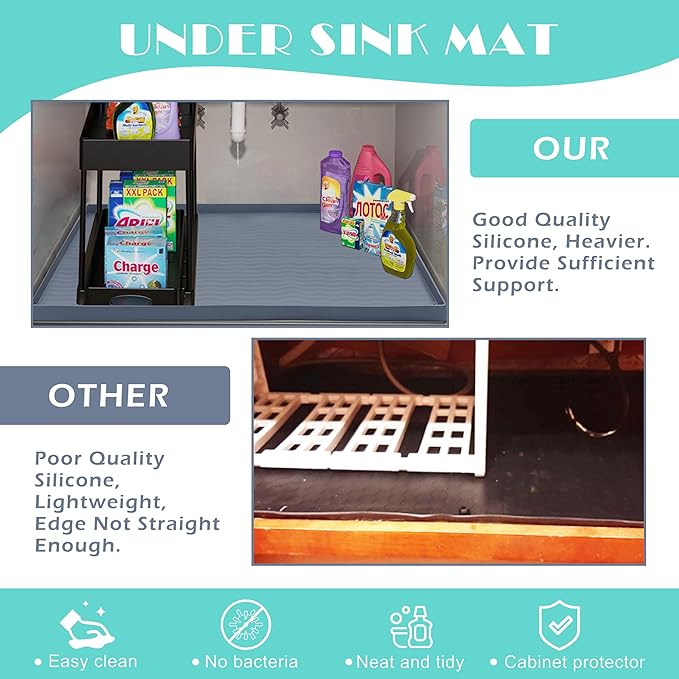 URMONA Waterproof Silicone Under Sink Mat 40'' x 22'' Shelf Liner for Kitchen and Bathroom, Cabinet and Counter Protector, Storage and Organizers, Litter Mat, Pet Cat Puppy Essentials(Beige)