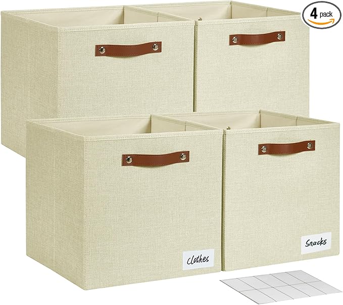 Collapsible Fabric Storage Cube Bins with 2 Reinforced PU Handles, Foldable Storage Organizer Baskets for Closet, Shelves, Living Room | 13"x13"x13", 4 Pack, Full Beige