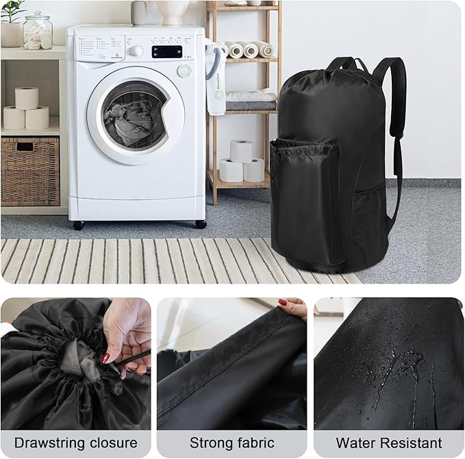 Polecasa Extra Heavy Duty Large Backpack Laundry Bag with Comfortable Padded Shoulder Straps & 4 Pockets, Sturdy & Durable Clothes Storage Bags, Hamper Drawstring bag for Dorm, College, Travel, Black