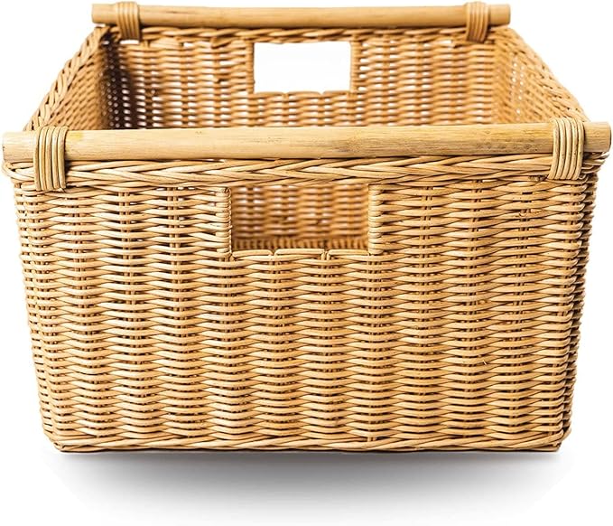 The Basket Lady Deep Pole Handle Wicker Storage Basket, Small, 11.5 in L x 11.5 in W x 8 in H, Sandstone