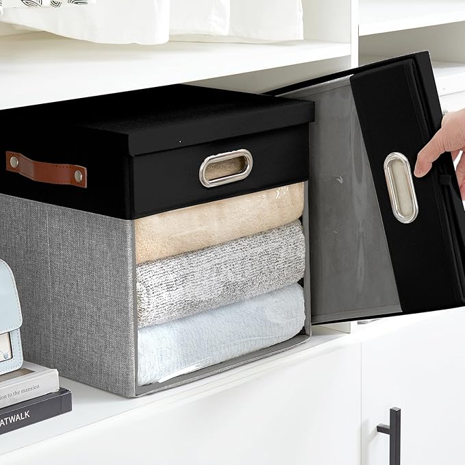 Fabric Storage Cubes with Clear Windows and Lids 11'' Foldable Storage Bins with 3 Handles, Decorative Storage Boxes for Home, Bedroom, Closet, Office (Black&Gray)
