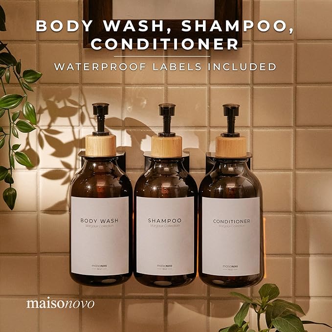 MaisoNovo Shampoo and Conditioner Dispenser - Shower Soap Dispenser Wall Mounted - 16.9 fl oz Set of 3 Amber Plastic Bottles Black Bamboo Pump - Shampoo Dispenser, Shower Dispenser 3 Chamber No Drill