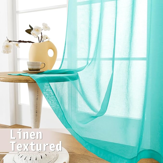 Tollpiz Sheer Door Curtains Closet Linen Textured Curtain Sheers Doorway Light Filtering Voile Patio Door Rod Pocket Curtains French Door, 54 x 80 inches Long, Aqua Blue, Set of 1 Panel