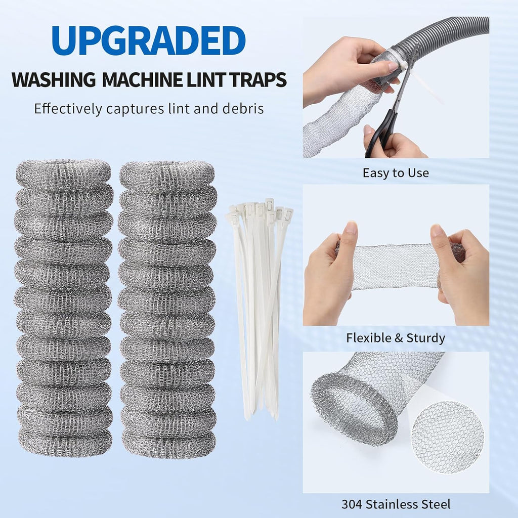 24 Pieces Lint Traps Stainless Steel Washing Machine Lint Snare Traps Laundry Mesh Washer Hose Filter with 24 pcs Cable Ties