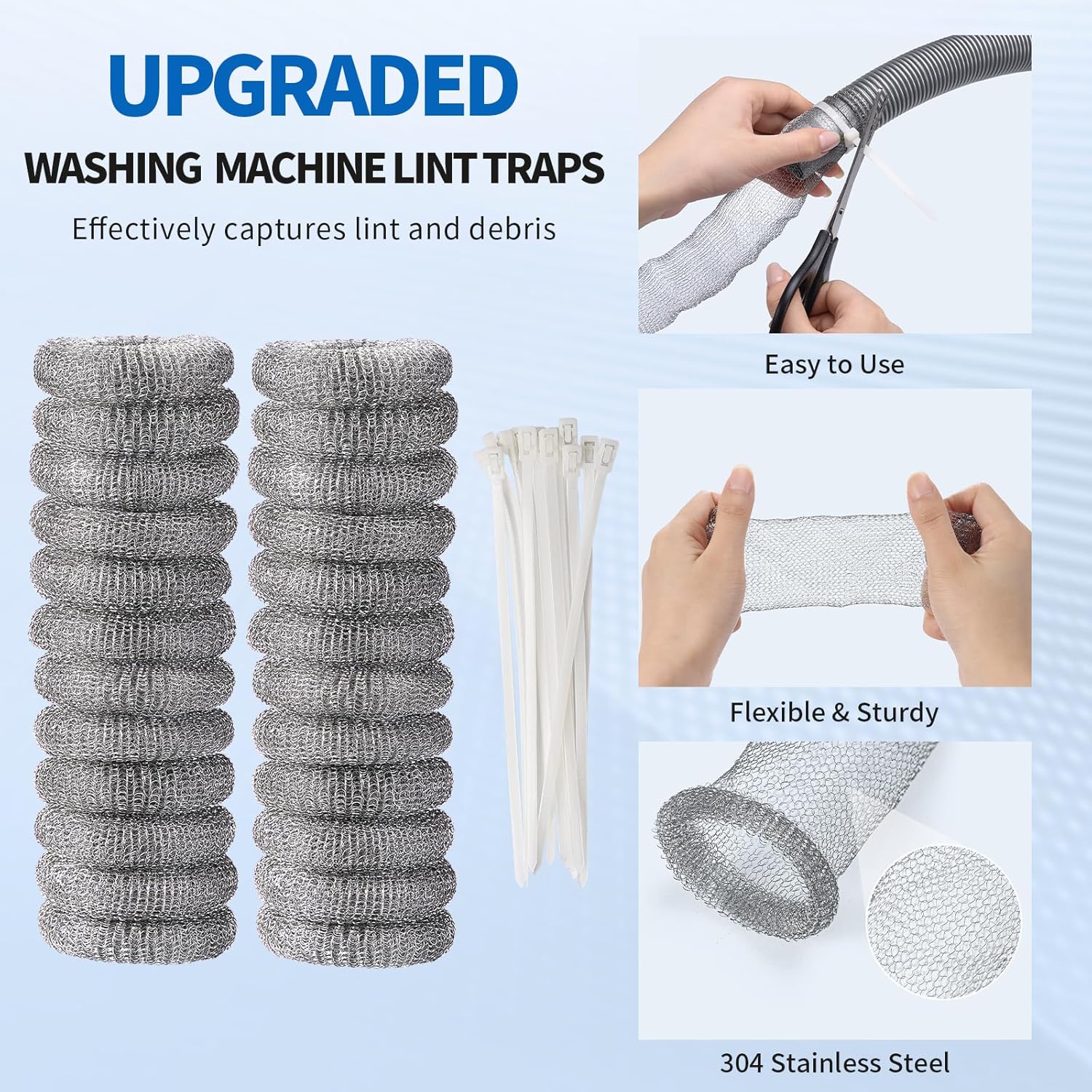 24 Pieces Lint Traps Stainless Steel Washing Machine Lint Snare Traps Laundry Mesh Washer Hose Filter with 24 pcs Cable Ties
