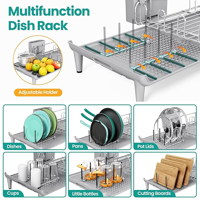 Expandable Dish Drying Rack, Foldable Dish Rack for Kitchen Counter, Stainless Steel Collapsible Dish Drainer Racks with Cutlery Holder, Gray