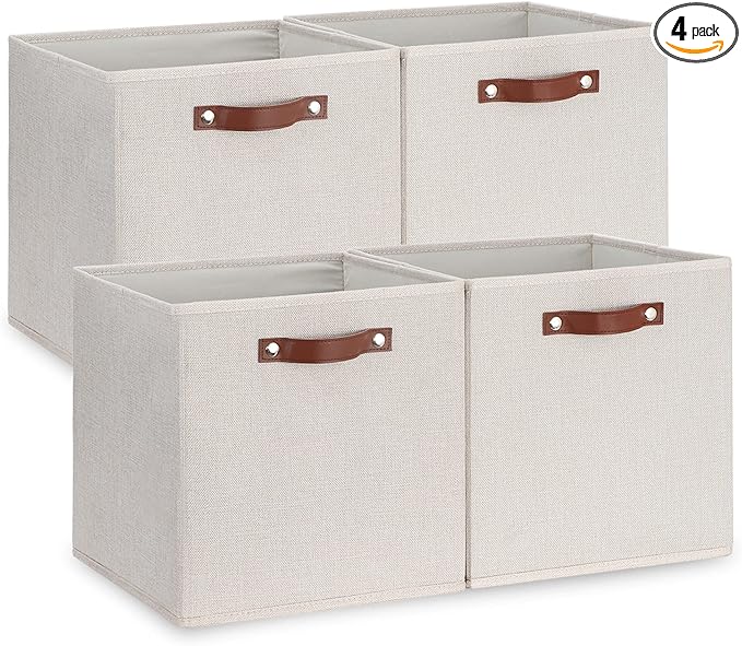 Temary Fabric Storage Cubes Storage Bins with Dual Leather Handles, 4 Pack Cube Baskets 13x13 Foldable Cube Organizers for Shelves, Home, Office, Nursery