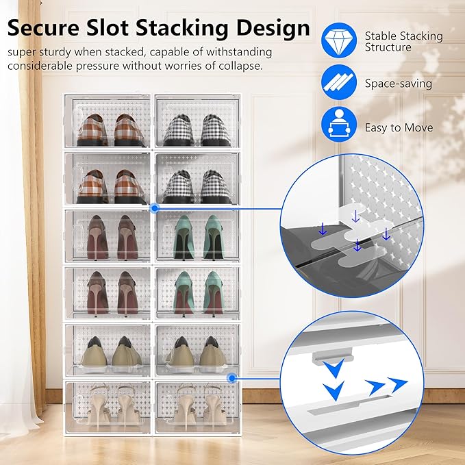 12 Pack X-Large Modular Clear Plastic Stackable Shoe Storage Organizer for Closet, Portable Space Saving Versatile Sneaker Shoe Rack Containers Bins Holders, White0303
