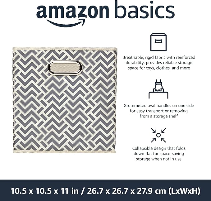 Amazon Basics Collapsible Cube Storage Organizer Bins, 6-Pack, 10.5 x 10.5 x 11 inches, Chevron Grey