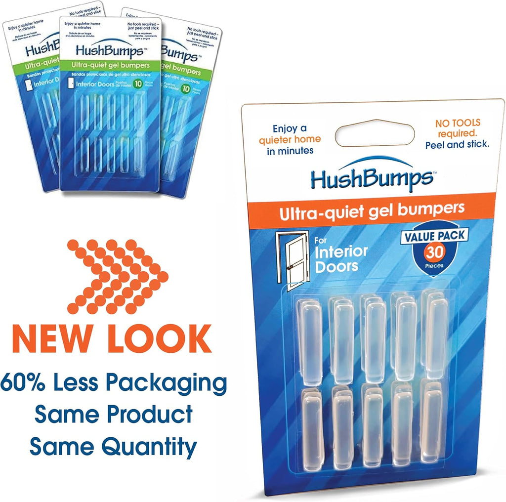 HushBumps Ultra-Quiet Bumpers for Interior Doors 3-Pack. Prevent Door Slamming and Provides Soft Close. Just Peel & Stick. No Tools Required. Silences Door Closing. 30 pcs.