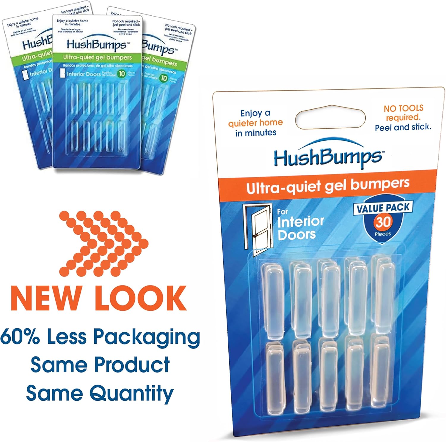 HushBumps Ultra-Quiet Bumpers for Interior Doors 3-Pack. Prevent Door Slamming and Provides Soft Close. Just Peel & Stick. No Tools Required. Silences Door Closing. 30 pcs.