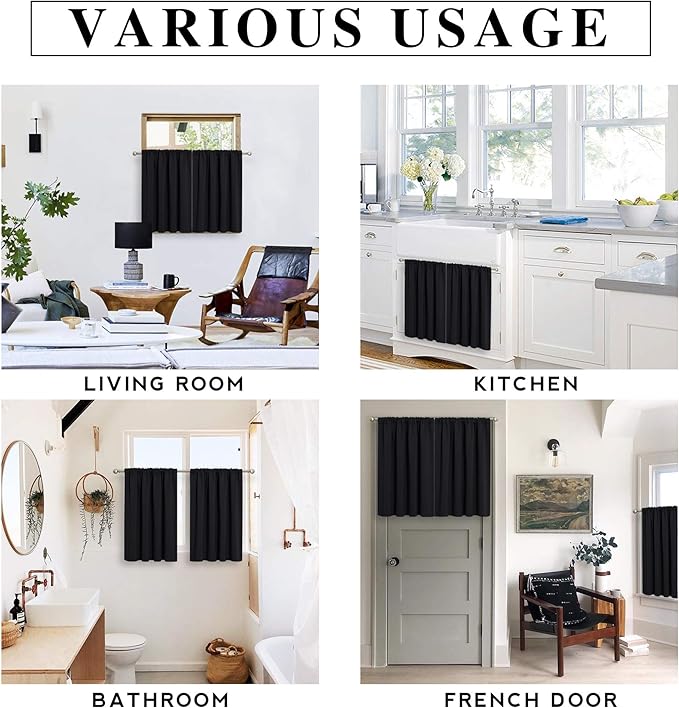 RYB HOME Black Curtains for Windows, Bathroom Curtains Small Window Drapery Blackout Privacy Drapes for Cafe Bedroom Panels, Width 29 by Length 24, 1 Pair